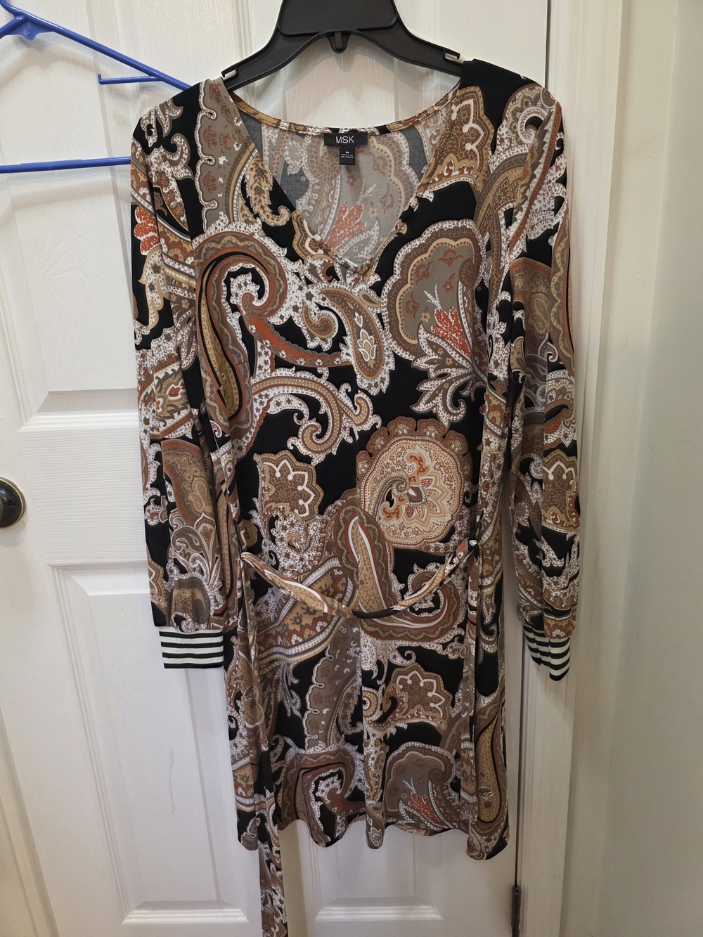 MSK Black Paisley Long-Sleeve Belted Dress with Brown and Cream Accents